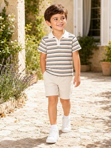 Boys Striped Knit Polo Shirt Short Sleeve Retro V Neck Collared Tops School Days in Saudi Arabia
