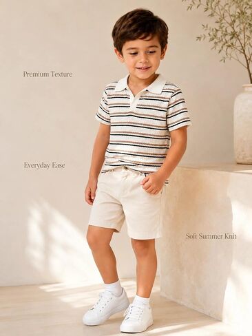 Boys Striped Knit Polo Shirt Short Sleeve Retro V Neck Collared Tops School Days in Saudi Arabia