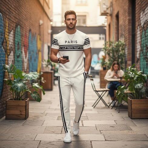 Men's 2 Piece Outfit Casual Short Sleeve T-Shirt and Pants Set Tracksuit Activewear Letter Print Graphic Tee Joggers Sportswear Summer Loungewear Athletic Outfits-XL in Kuwait