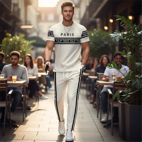 Men's 2 Piece Outfit Casual Short Sleeve T-Shirt and Pants Set Tracksuit Activewear Letter Print Graphic Tee Joggers Sportswear Summer Loungewear Athletic Outfits-XL in Kuwait