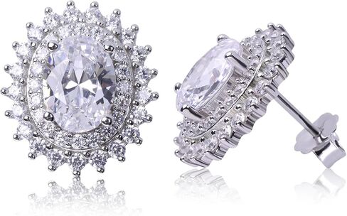 925 Sterling Silver Birthstone Stud Earrings for Women, Large Statement Oval Cubic Zirconia Halo Earrings, Princess Diana Style, Hypoallergenic Jewelry Gift for Birthday Anniversary Wedding Engagement in Kuwait