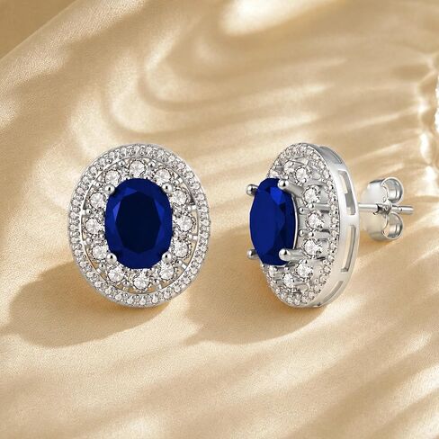 925 Sterling Silver Birthstone Stud Earrings for Women, Large Statement Oval Cubic Zirconia Halo Earrings, Princess Diana Style, Hypoallergenic Jewelry Gift for Birthday Anniversary Wedding Engagement in Kuwait