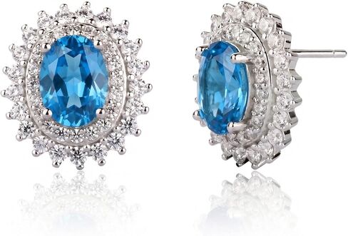 925 Sterling Silver Birthstone Stud Earrings for Women, Large Statement Oval Cubic Zirconia Halo Earrings, Princess Diana Style, Hypoallergenic Jewelry Gift for Birthday Anniversary Wedding Engagement in Kuwait