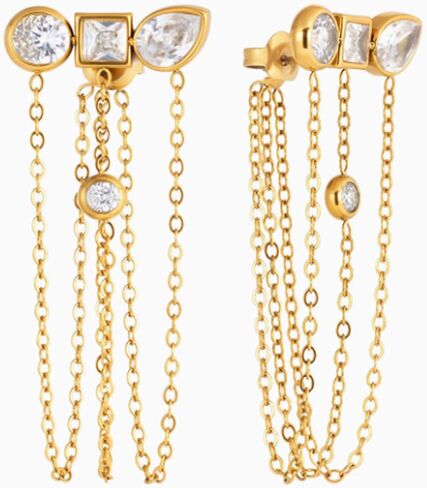 Tassel Zircon Earrings with Chain Dangles, Gold Tone Crystal Stud Earrings, Gift for Loved Ones in Kuwait