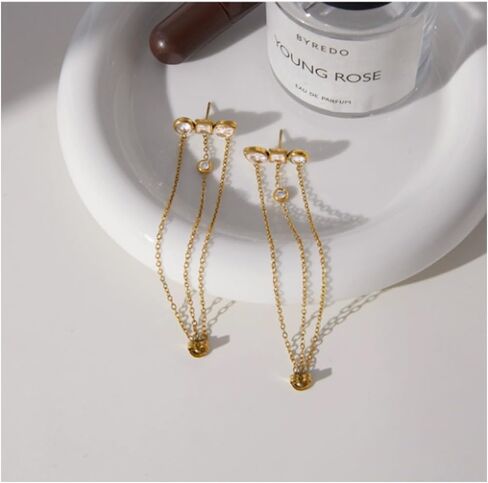 Tassel Zircon Earrings with Chain Dangles, Gold Tone Crystal Stud Earrings, Gift for Loved Ones in Kuwait