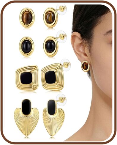 4 Pairs Chunky Gold Stud Earrings for Women: Tiger Eye Stud Earring 14K Gold Plated Stainless Steel Statement Earrings Set Black Enamel Trendy Vintage Earring Statement Jewelry with Disc Back in Saudi Arabia