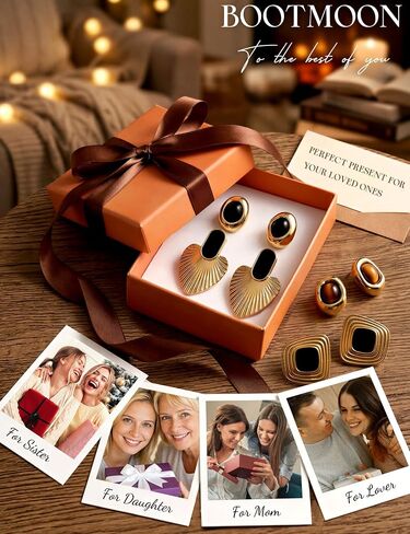 4 Pairs Chunky Gold Stud Earrings for Women: Tiger Eye Stud Earring 14K Gold Plated Stainless Steel Statement Earrings Set Black Enamel Trendy Vintage Earring Statement Jewelry with Disc Back in Saudi Arabia
