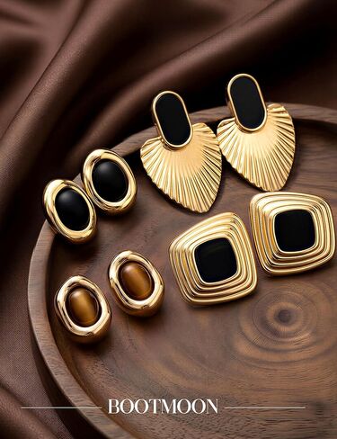 4 Pairs Chunky Gold Stud Earrings for Women: Tiger Eye Stud Earring 14K Gold Plated Stainless Steel Statement Earrings Set Black Enamel Trendy Vintage Earring Statement Jewelry with Disc Back in Saudi Arabia