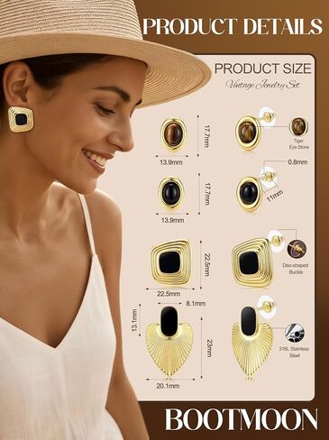 4 Pairs Chunky Gold Stud Earrings for Women: Tiger Eye Stud Earring 14K Gold Plated Stainless Steel Statement Earrings Set Black Enamel Trendy Vintage Earring Statement Jewelry with Disc Back in Saudi Arabia