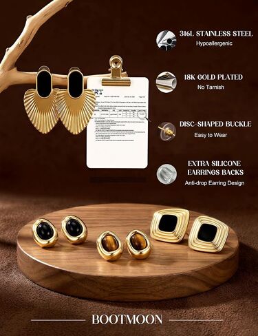 4 Pairs Chunky Gold Stud Earrings for Women: Tiger Eye Stud Earring 14K Gold Plated Stainless Steel Statement Earrings Set Black Enamel Trendy Vintage Earring Statement Jewelry with Disc Back in Saudi Arabia