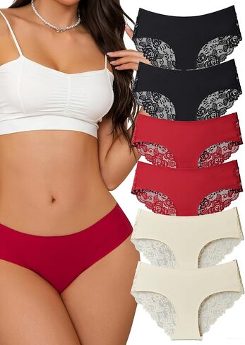 Women's Seamless Underwear Wide Lace Sexy Bikini Panties Breathable Soft Stretch Briefs Black White Nude 6 Pack in Saudi Arabia