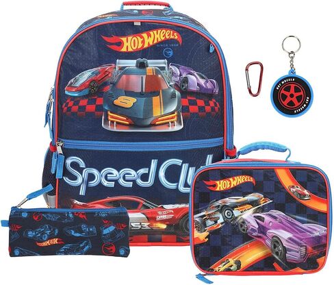 BIOWORLD Unisex Kids Led Lights Hot Wheels Five-Piece Backpack Set with Lunch Kit, Spinner Keychain, Carabiner, and A Utility Case (Little Kid/Big Kid) Red One Size in Kuwait
