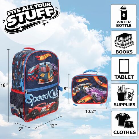 BIOWORLD Unisex Kids Led Lights Hot Wheels Five-Piece Backpack Set with Lunch Kit, Spinner Keychain, Carabiner, and A Utility Case (Little Kid/Big Kid) Red One Size in Kuwait