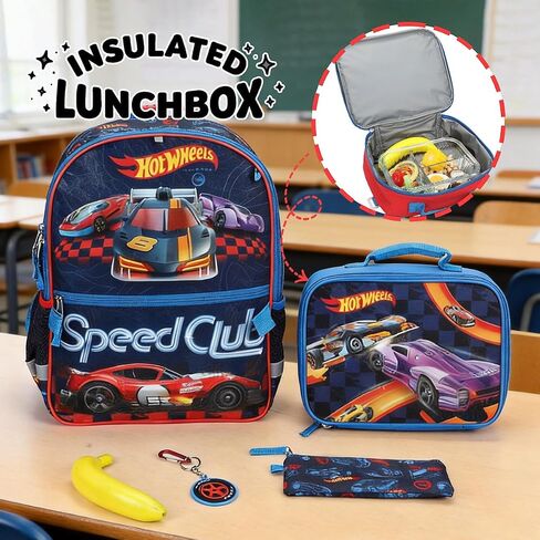 BIOWORLD Unisex Kids Led Lights Hot Wheels Five-Piece Backpack Set with Lunch Kit, Spinner Keychain, Carabiner, and A Utility Case (Little Kid/Big Kid) Red One Size in Kuwait