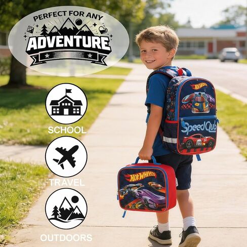 BIOWORLD Unisex Kids Led Lights Hot Wheels Five-Piece Backpack Set with Lunch Kit, Spinner Keychain, Carabiner, and A Utility Case (Little Kid/Big Kid) Red One Size in Kuwait
