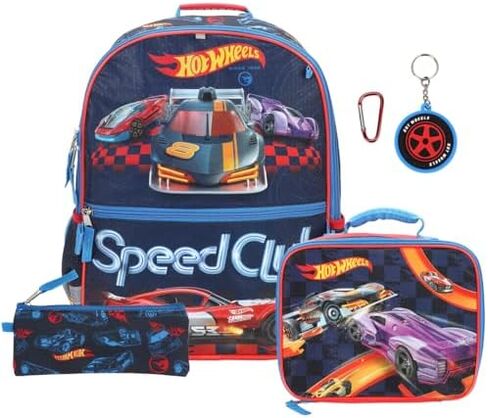 BIOWORLD Unisex Kids Led Lights Hot Wheels Five-Piece Backpack Set with Lunch Kit, Spinner Keychain, Carabiner, and A Utility Case (Little Kid/Big Kid) Red One Size in Kuwait