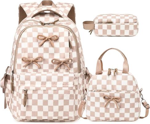 Backpack for Girls Corduroy 3PCS Bow School Bookbag for Teen Girl with Lunch Box & Pencil Pouch Lightweight Laptop Backpack for Middle High Elementray School Travel Daypack in Kuwait