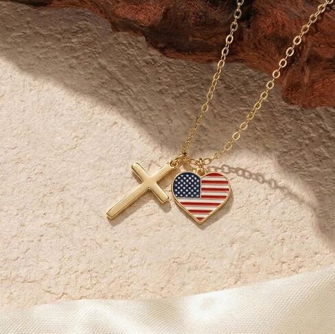 America 250th Anniversary Cross Necklace for Women Men 18K Gold Plated USA Flag Pendant Patriotic July 4th Semiquincentennial Jewelry Gift Religious Faith Christian Flag Charms in Kuwait