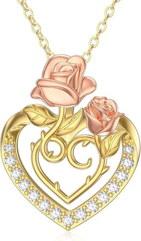 Solid 14K Yellow Gold Heart Necklace for Women, Gold Heart Pendant with Rose Flower Necklace Romantic Birthday Mothers Day Gifts for Mom Her Girlfriend Wife Grandma, 16+2 Inch in Saudi Arabia