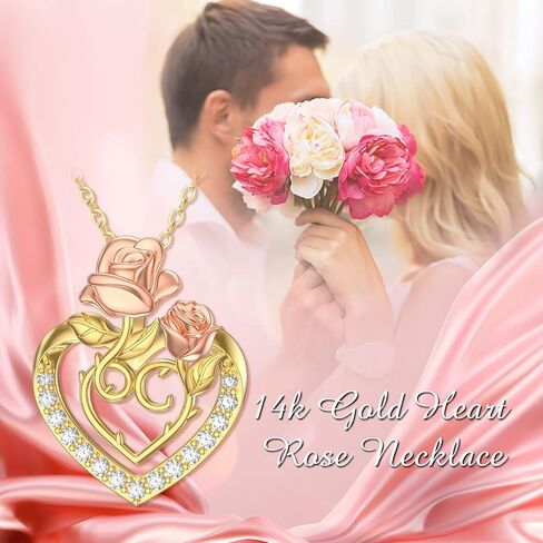 Solid 14K Yellow Gold Heart Necklace for Women, Gold Heart Pendant with Rose Flower Necklace Romantic Birthday Mothers Day Gifts for Mom Her Girlfriend Wife Grandma, 16+2 Inch in Saudi Arabia