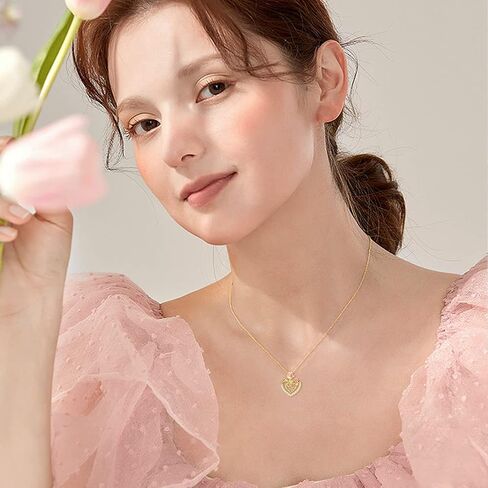 Solid 14K Yellow Gold Heart Necklace for Women, Gold Heart Pendant with Rose Flower Necklace Romantic Birthday Mothers Day Gifts for Mom Her Girlfriend Wife Grandma, 16+2 Inch in Saudi Arabia