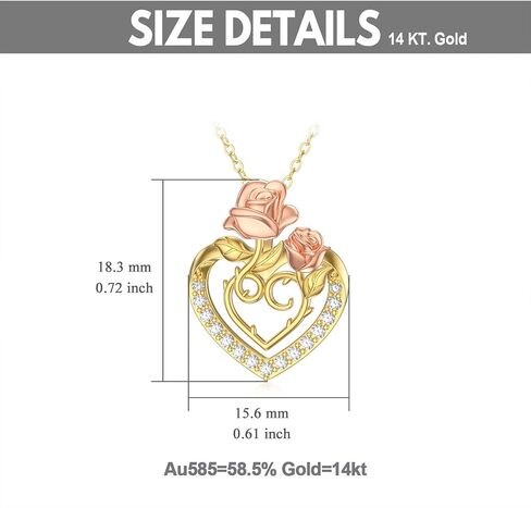 Solid 14K Yellow Gold Heart Necklace for Women, Gold Heart Pendant with Rose Flower Necklace Romantic Birthday Mothers Day Gifts for Mom Her Girlfriend Wife Grandma, 16+2 Inch in Saudi Arabia