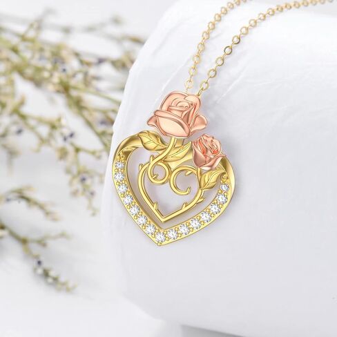 Solid 14K Yellow Gold Heart Necklace for Women, Gold Heart Pendant with Rose Flower Necklace Romantic Birthday Mothers Day Gifts for Mom Her Girlfriend Wife Grandma, 16+2 Inch in Saudi Arabia