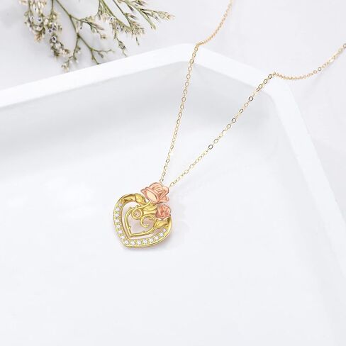 Solid 14K Yellow Gold Heart Necklace for Women, Gold Heart Pendant with Rose Flower Necklace Romantic Birthday Mothers Day Gifts for Mom Her Girlfriend Wife Grandma, 16+2 Inch in Saudi Arabia
