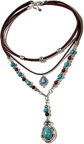 Rrdaily Layered Western Teardrop Turquoise Pendant Necklace for Women,Ethnic Boho Colorful Beaded Stacking PU Choker,Party Holiday Jewelry Accessories Gift in Kuwait