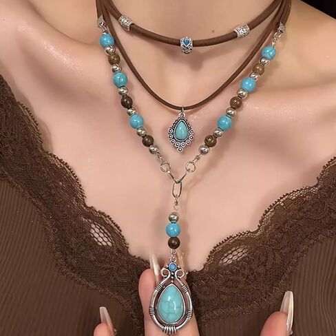 Rrdaily Layered Western Teardrop Turquoise Pendant Necklace for Women,Ethnic Boho Colorful Beaded Stacking PU Choker,Party Holiday Jewelry Accessories Gift in Kuwait