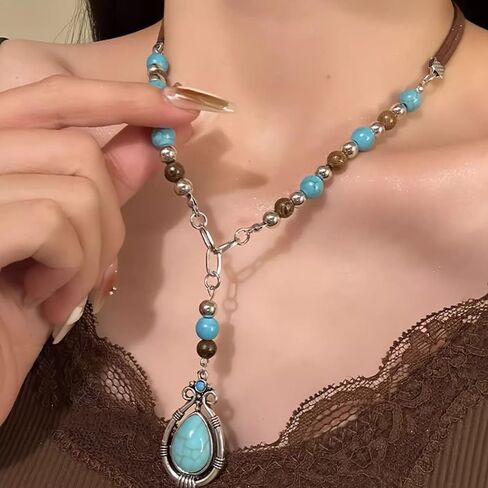 Rrdaily Layered Western Teardrop Turquoise Pendant Necklace for Women,Ethnic Boho Colorful Beaded Stacking PU Choker,Party Holiday Jewelry Accessories Gift in Kuwait