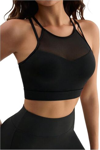 SweatyRocks Women's Contrast Mesh Sports Bra Strappy Racerback Padded Sports Bra Workout Yoga Gym in Kuwait