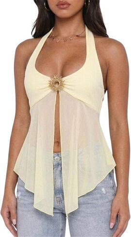 Women Y2k Sheer Mesh Halter Top See-Through Flowy Split Vest Top Sexy Going Out Clubwear in Saudi Arabia