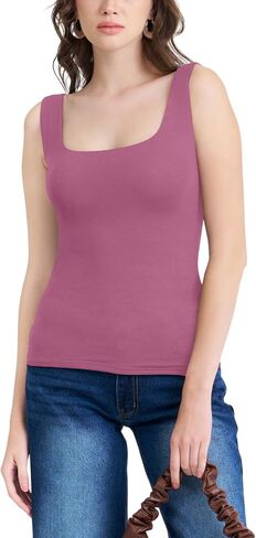 Women's Classic Square Neck Tank Top, Black, Sleeveless Basic Fitted Camisole for Casual Wear in Kuwait
