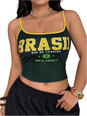 Floerns Women's Plus Size Brazil Graphic Camisole Tops Y2K Sleeveless Summer Crop Tops Streetwear in Kuwait