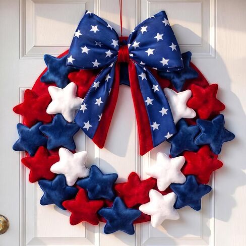 Dingion 4th of July Patriotic Plush Star Wreaths 16 Inch Red White and Blue Wreaths with Bow for Front Door Independence Day Decoration Garland for 250th Anniversary Flag Memorial Labor Day Wall Decor in Kuwait