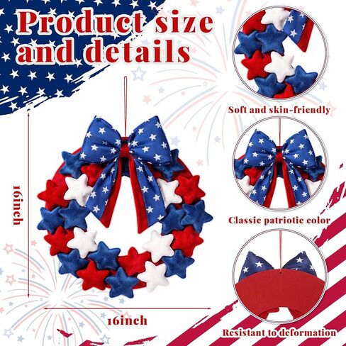 Dingion 4th of July Patriotic Plush Star Wreaths 16 Inch Red White and Blue Wreaths with Bow for Front Door Independence Day Decoration Garland for 250th Anniversary Flag Memorial Labor Day Wall Decor in Kuwait