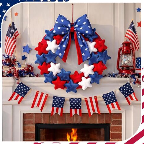 Dingion 4th of July Patriotic Plush Star Wreaths 16 Inch Red White and Blue Wreaths with Bow for Front Door Independence Day Decoration Garland for 250th Anniversary Flag Memorial Labor Day Wall Decor in Kuwait
