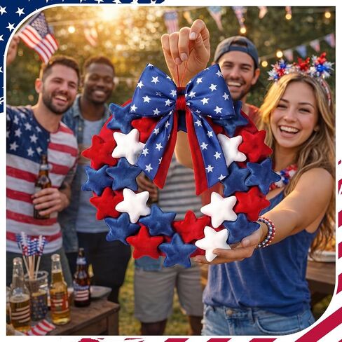 Dingion 4th of July Patriotic Plush Star Wreaths 16 Inch Red White and Blue Wreaths with Bow for Front Door Independence Day Decoration Garland for 250th Anniversary Flag Memorial Labor Day Wall Decor in Kuwait
