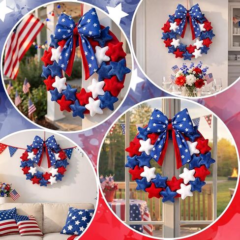 Dingion 4th of July Patriotic Plush Star Wreaths 16 Inch Red White and Blue Wreaths with Bow for Front Door Independence Day Decoration Garland for 250th Anniversary Flag Memorial Labor Day Wall Decor in Kuwait