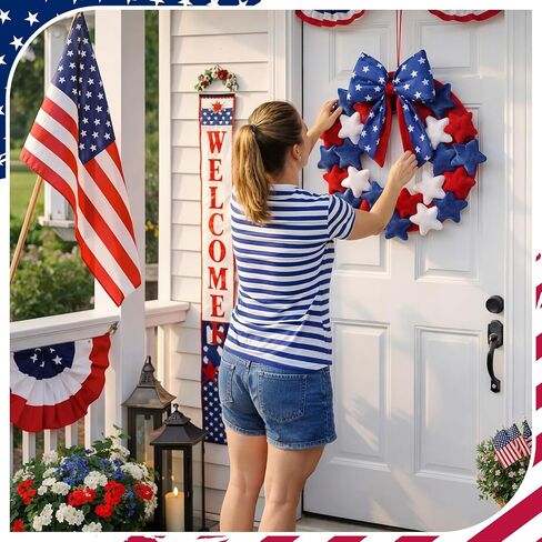 Dingion 4th of July Patriotic Plush Star Wreaths 16 Inch Red White and Blue Wreaths with Bow for Front Door Independence Day Decoration Garland for 250th Anniversary Flag Memorial Labor Day Wall Decor in Kuwait
