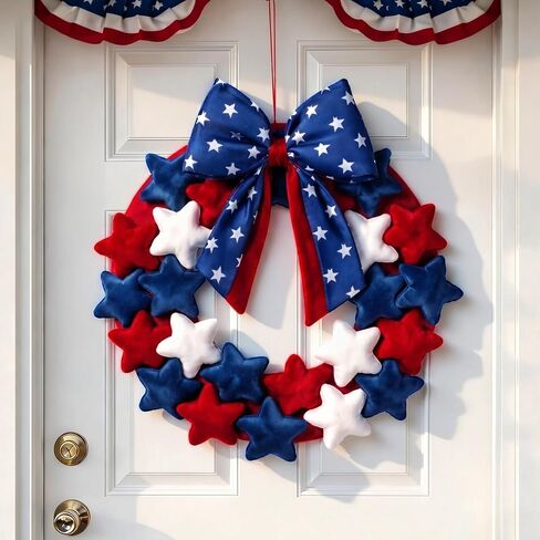 Dingion 4th of July Patriotic Plush Star Wreaths 16 Inch Red White and Blue Wreaths with Bow for Front Door Independence Day Decoration Garland for 250th Anniversary Flag Memorial Labor Day Wall Decor in Kuwait