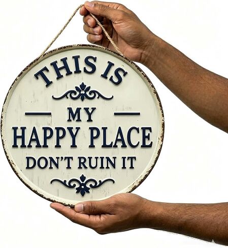 12x12in Round This Is My Happy Place Don't F*ck It Up Metal Sign - Vintage Hanging Wall Decor Welcome to My Happy Place - Funny Humorous Welcome Sign with Jute Rope for Indoor Outdoor Home Office Bar Decoration in Saudi Arabia