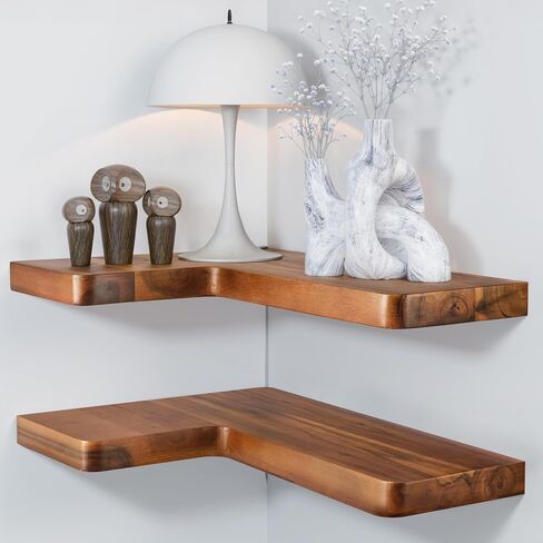 BATODA Acacia Wood Corner Floating Shelves 17" x 12"– Corner Shelf Wall Mounted - Floating Book Shelves for Wall - Brackets and Shelving Hardware Included for Kitchen, Living Room, Bathroom (Set 2) in Saudi Arabia
