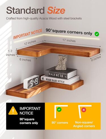 BATODA Acacia Wood Corner Floating Shelves 17" x 12"– Corner Shelf Wall Mounted - Floating Book Shelves for Wall - Brackets and Shelving Hardware Included for Kitchen, Living Room, Bathroom (Set 2) in Saudi Arabia