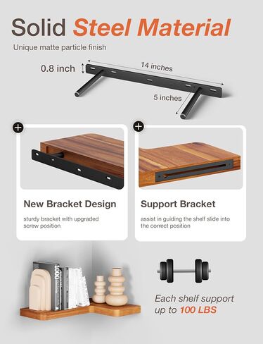 BATODA Acacia Wood Corner Floating Shelves 17" x 12"– Corner Shelf Wall Mounted - Floating Book Shelves for Wall - Brackets and Shelving Hardware Included for Kitchen, Living Room, Bathroom (Set 2) in Saudi Arabia