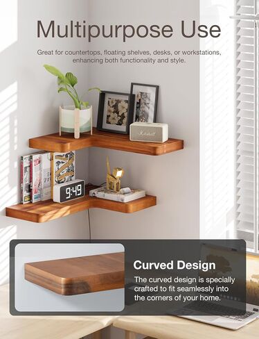 BATODA Acacia Wood Corner Floating Shelves 17" x 12"– Corner Shelf Wall Mounted - Floating Book Shelves for Wall - Brackets and Shelving Hardware Included for Kitchen, Living Room, Bathroom (Set 2) in Saudi Arabia