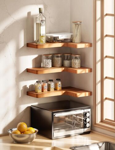 BATODA Acacia Wood Corner Floating Shelves 17" x 12"– Corner Shelf Wall Mounted - Floating Book Shelves for Wall - Brackets and Shelving Hardware Included for Kitchen, Living Room, Bathroom (Set 2) in Saudi Arabia
