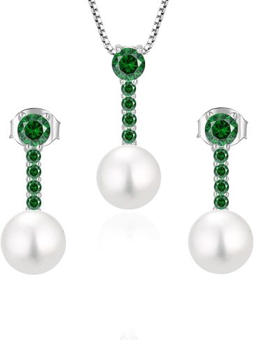 Pearl Jewelry Set for women, 925 Sterling Silver Dainty Round Freshwater Pearl with Emerald Pendant Earring Ideal May Birthstone Jewelry Gifts for Her in Saudi Arabia