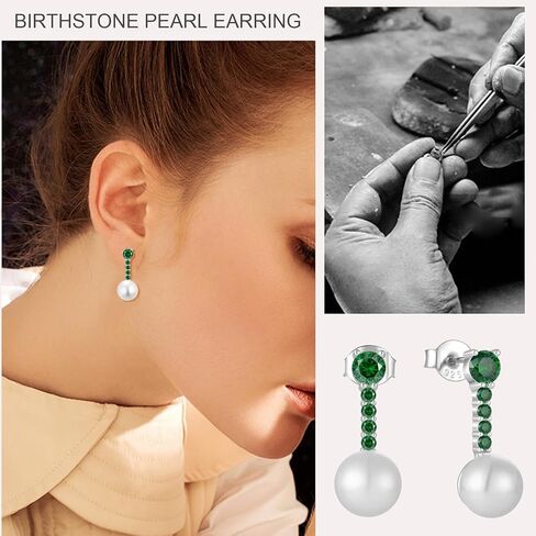 Pearl Jewelry Set for women, 925 Sterling Silver Dainty Round Freshwater Pearl with Emerald Pendant Earring Ideal May Birthstone Jewelry Gifts for Her in Saudi Arabia